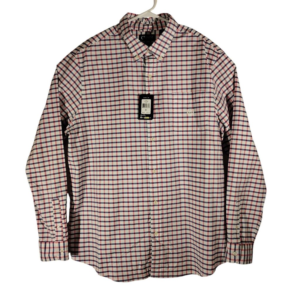 Chaps shirt mens 2XL XXL white check plaid oxford stretch long sleeve pink purpl